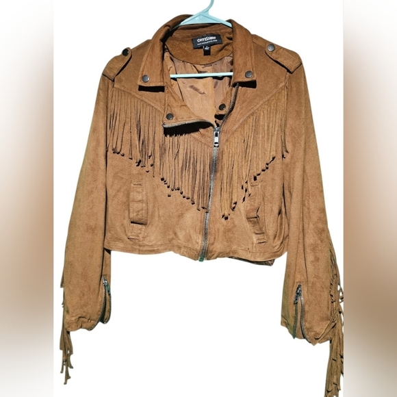CoffeeShop Tan Faux Suede Fringe Jacket Size Large EUC 21 PTP 17 Length - Picture 1 of 4